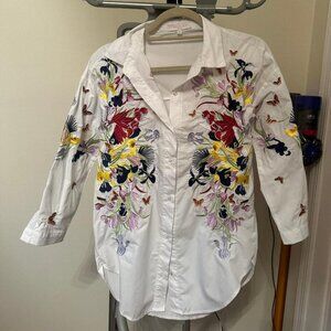 NWOT Beulah Style SM2276 White Embroidered Button-Down Shirt, 3/4 Sleeve, Size S